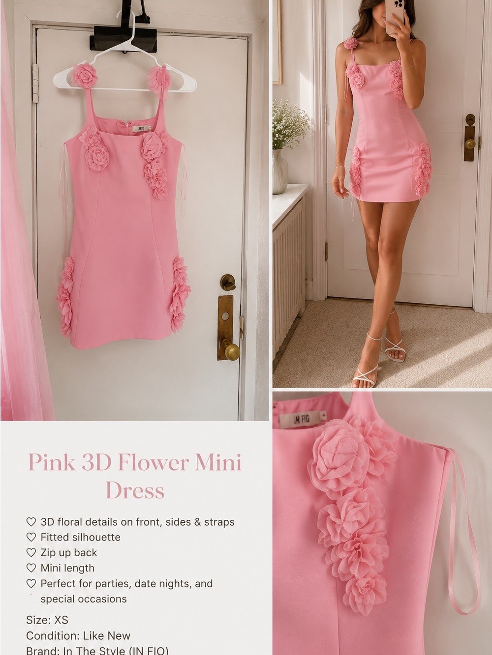 JW PEI Elaina Pink Rosette Appliqué Mini Dress 3D Flowers